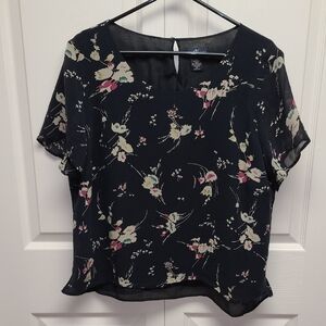ANDREA Viccaro Black Flowy Shear Short Sleeve Floral Blouse Silk Lining 2X